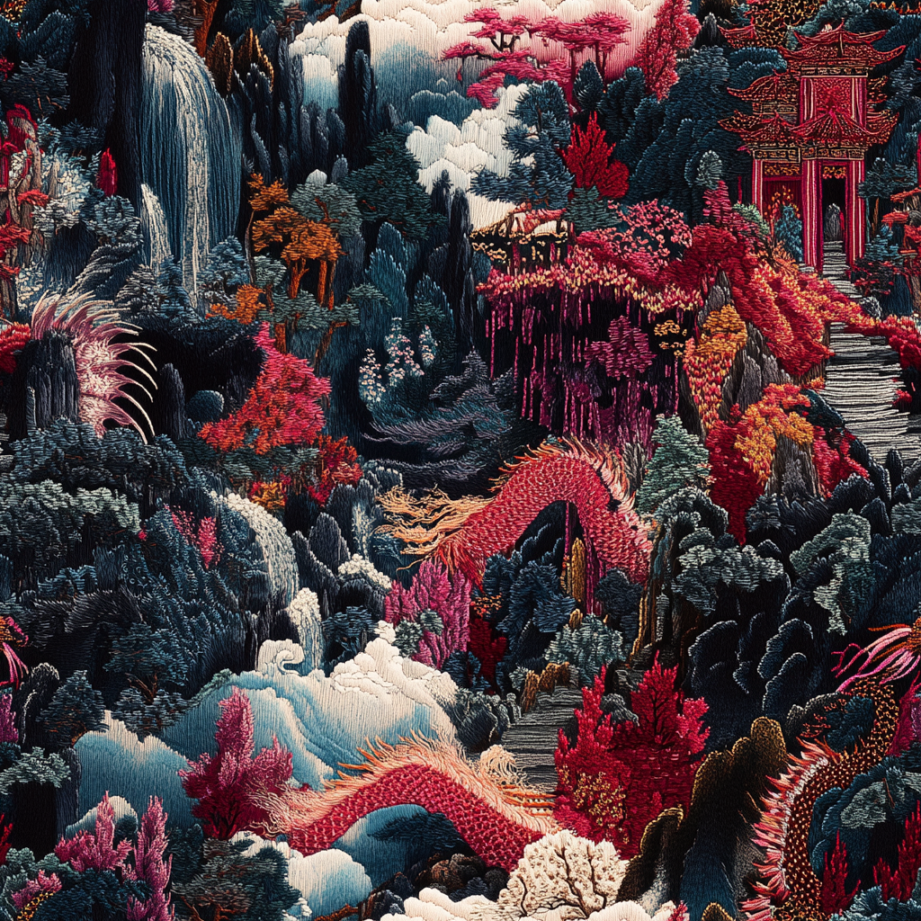 Majestic Dragon in Chinese embroidery style over landscapes.