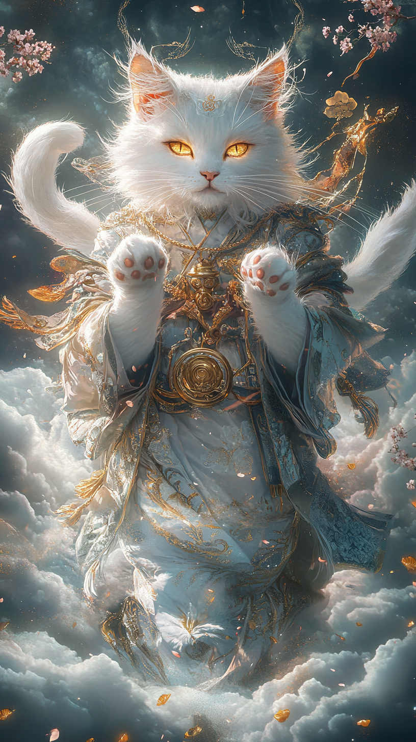 Majestic Japanese cat god with golden eyes