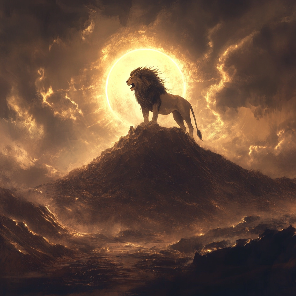 Majestic Lion Standing Atop Metallic Hill