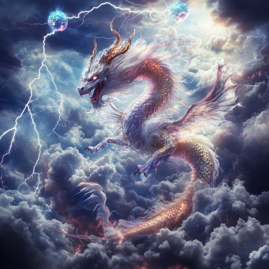 Majestic Pi Xiu flying in stormy sky.