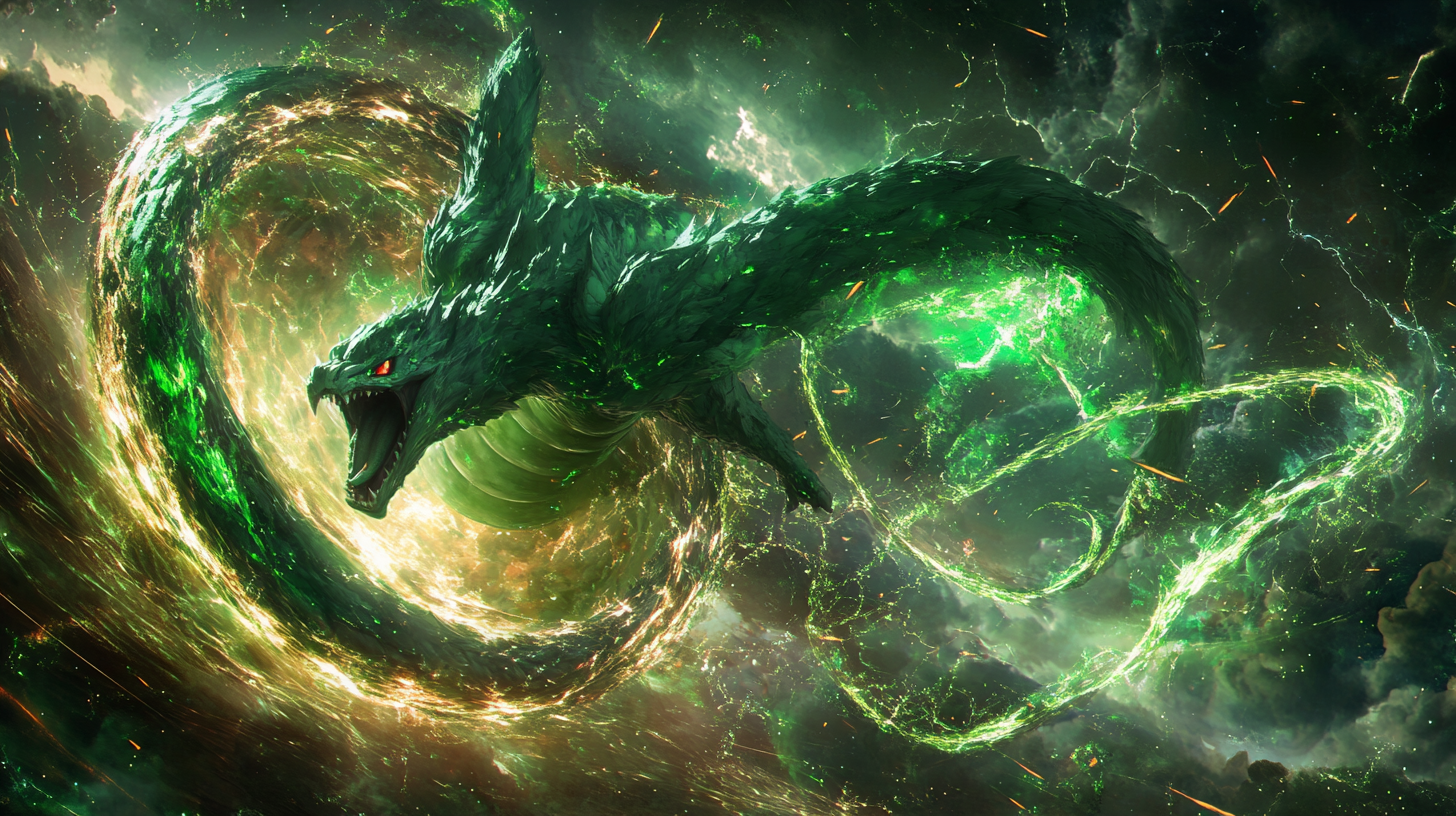 Majestic Rayquaza emerges from cosmic egg in swirling energy.