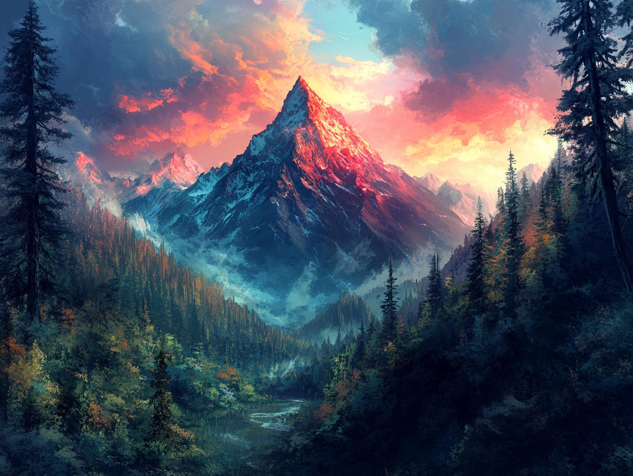 Majestic Red Mountain in Enchanted Temperate Forest