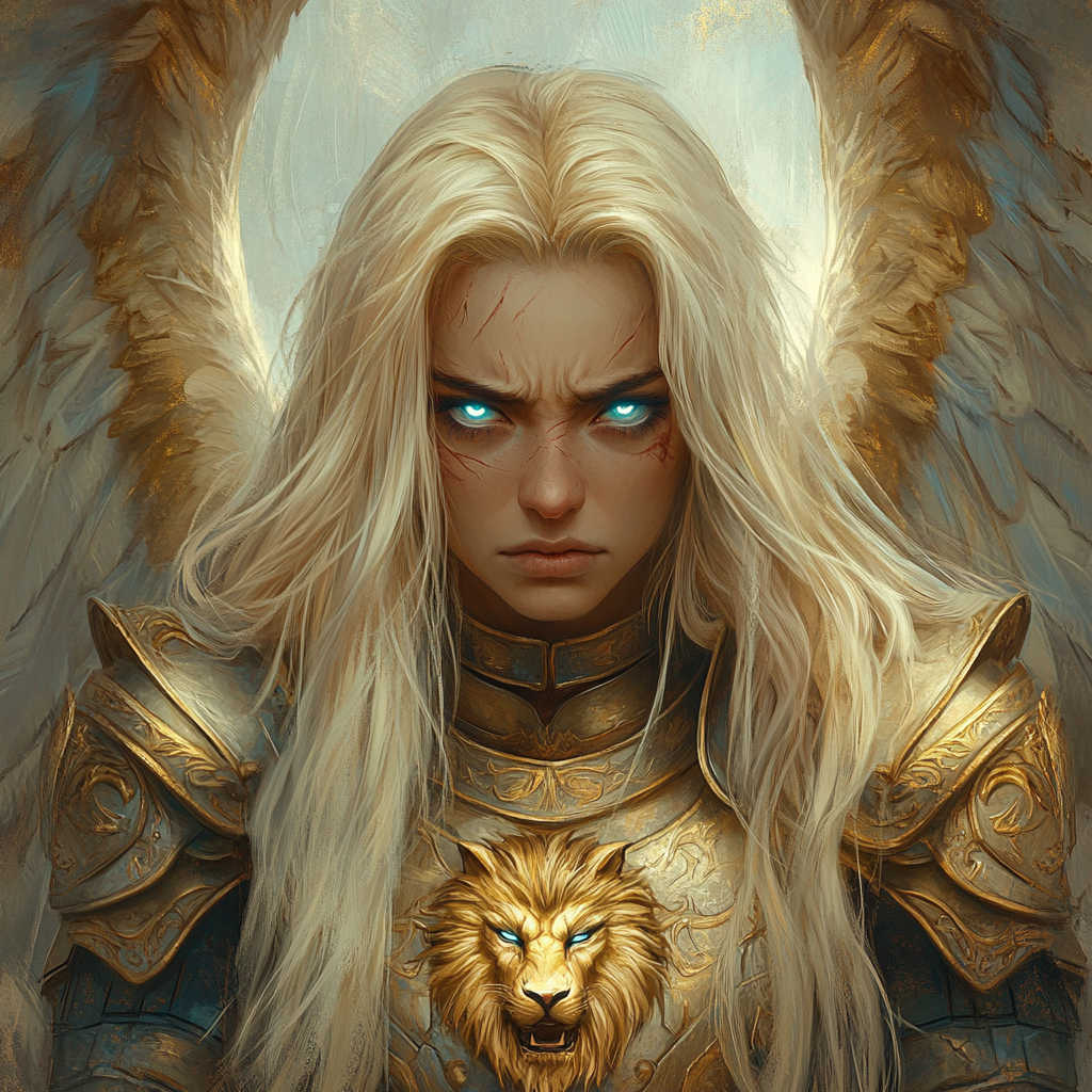 Majestic angelic warrior with white wings, golden Renaissance armor.