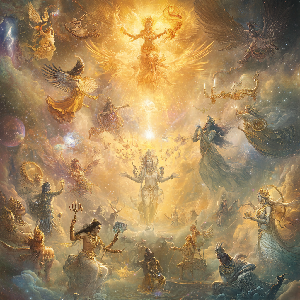 Majestic assembly of deities in radiant cosmic landscape.