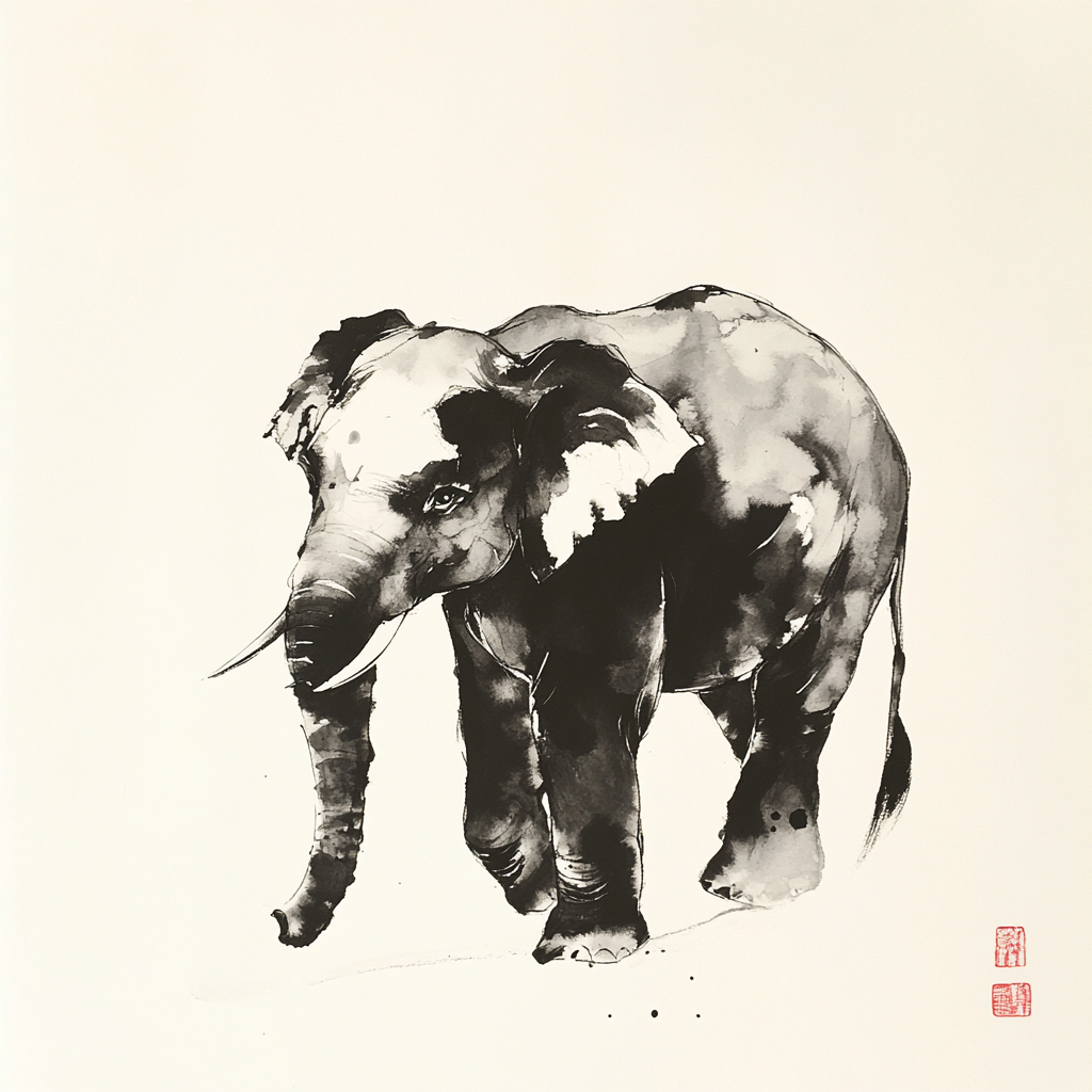 Majestic black and white elephant in ink wash.