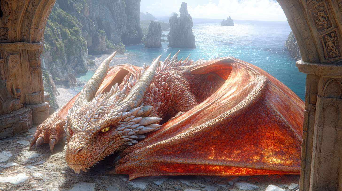 Majestic bronze dragon sleeping in open temple near ocean.