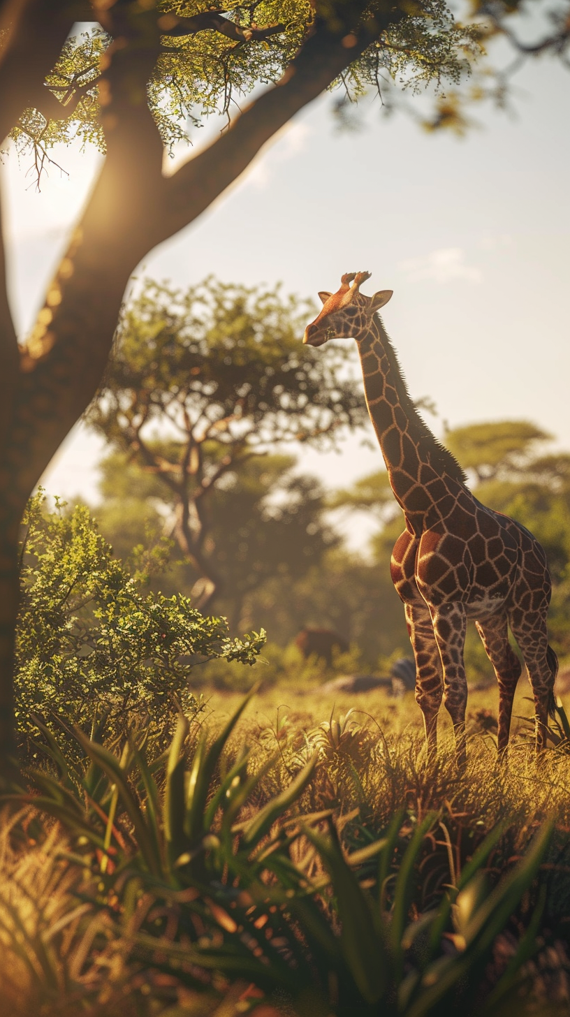 Majestic giraffe Zuma on African savannah with sunny sky.