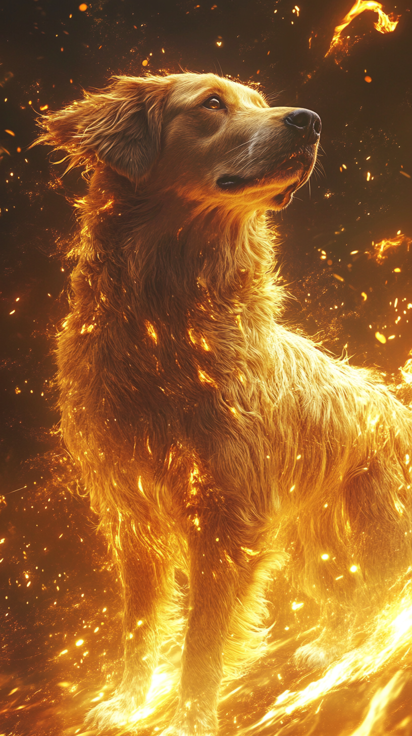 Majestic golden dog with detailed, silky fur, surrounded by elemental effects.