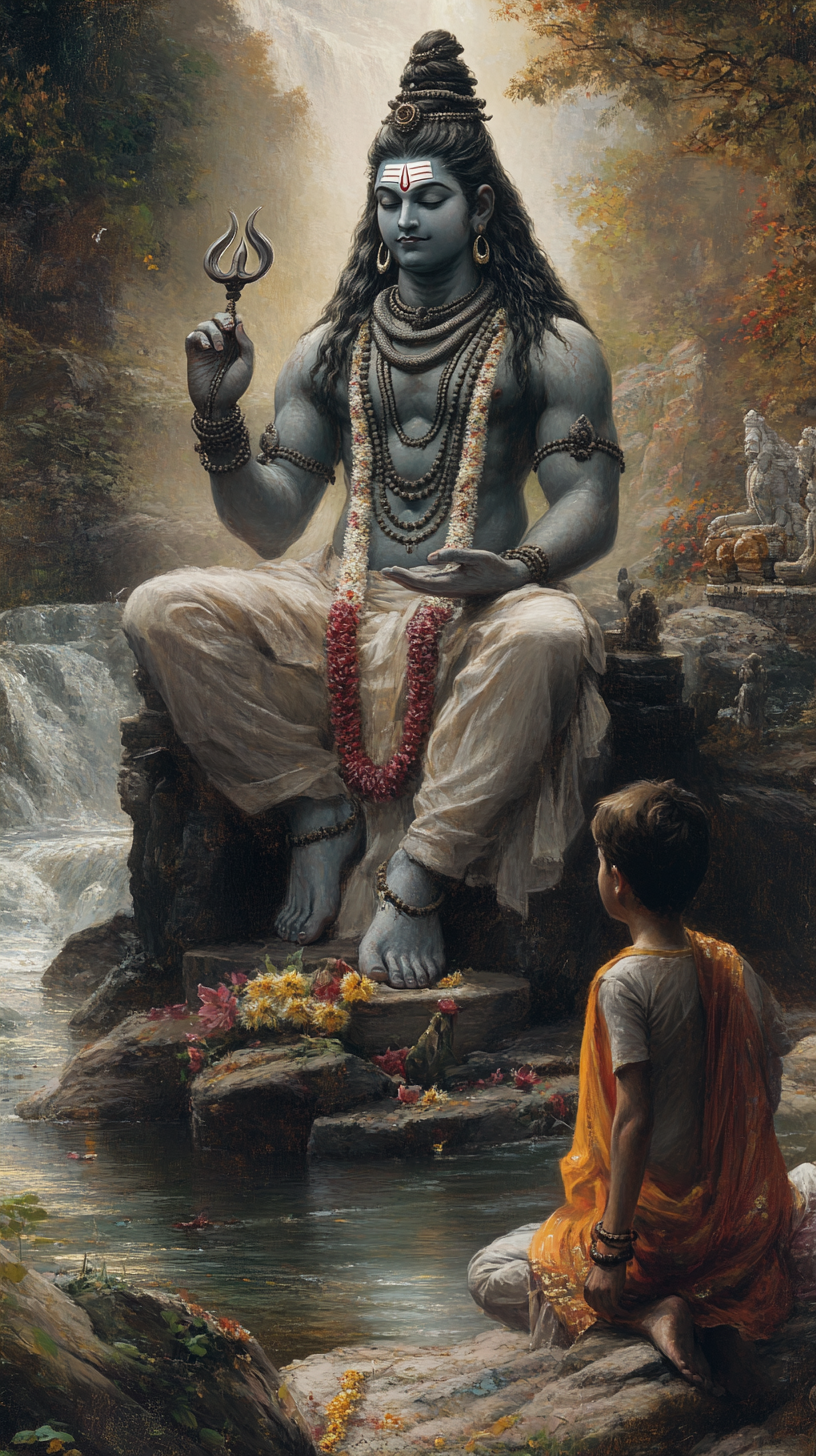 Majestic king worships Lord Shiva, boy and mother watch.