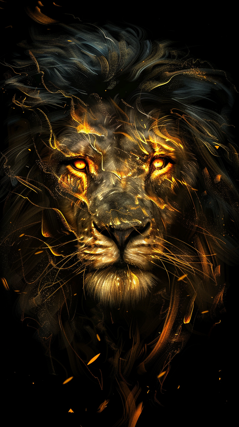 Majestic lion with golden mane in darkness.