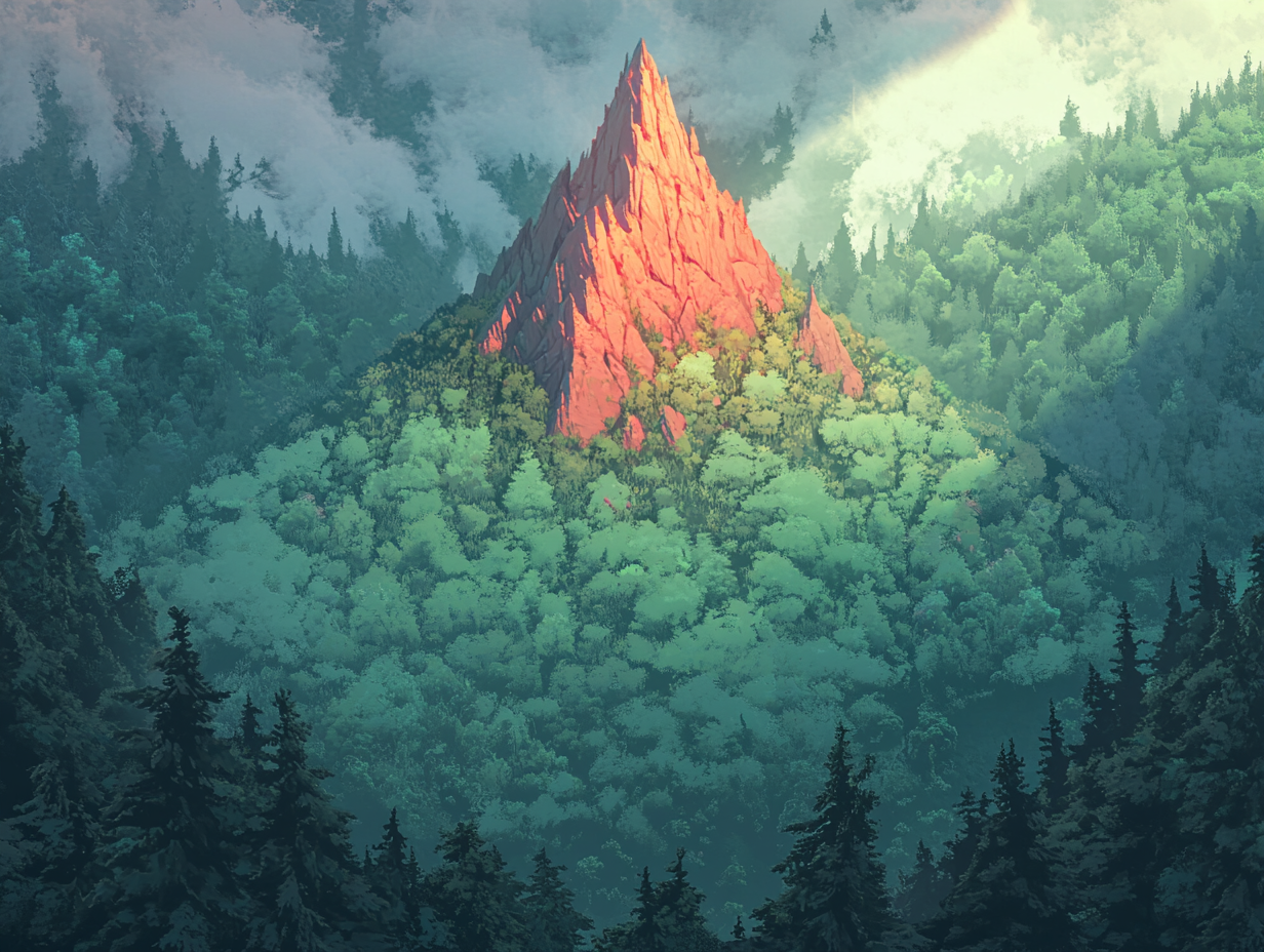 Majestic mountain peak in mystical forest