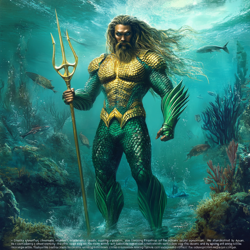 Majestic ocean superhero in glowing armor surrounded by sea creatures.