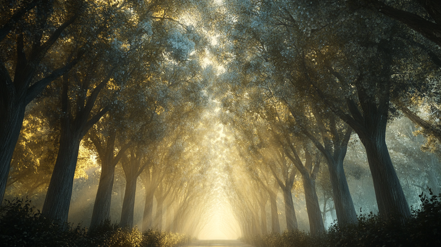 Majestic tree cathedral in ethereal, haunting image, mysterious atmosphere.