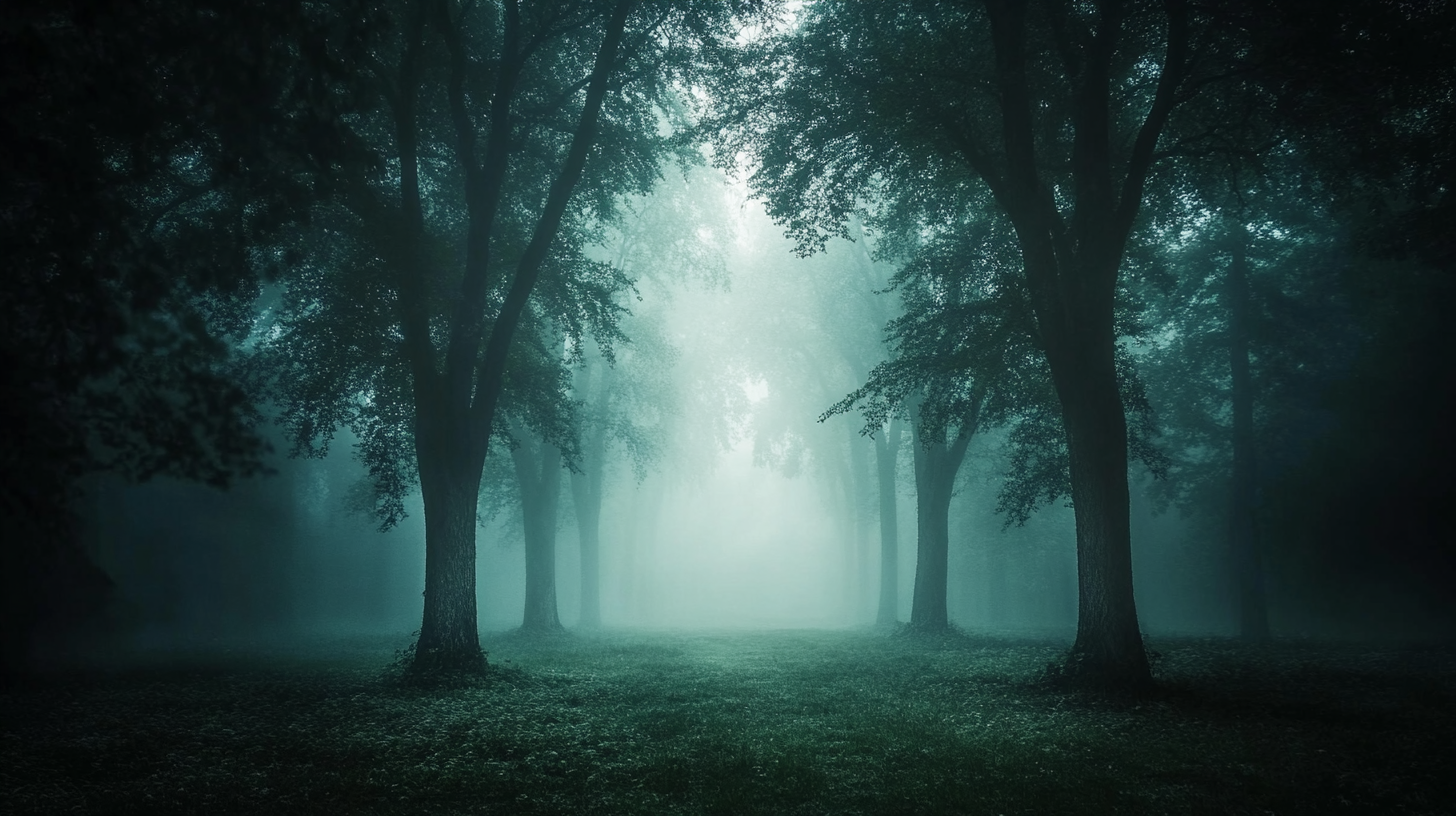 Majestic tree cathedral in mysterious misty forest.