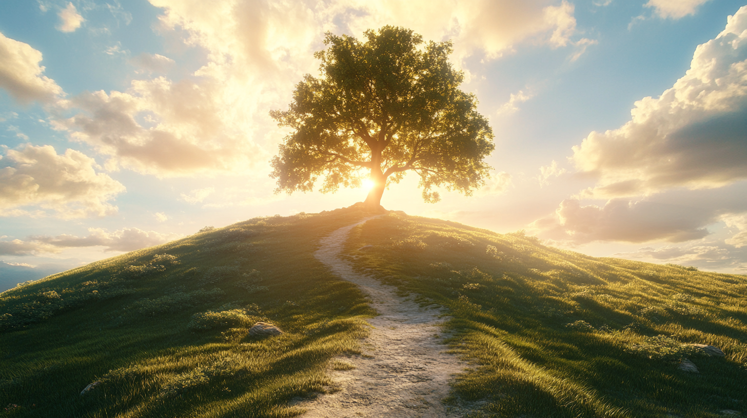 Majestic tree on hill under sunny sky