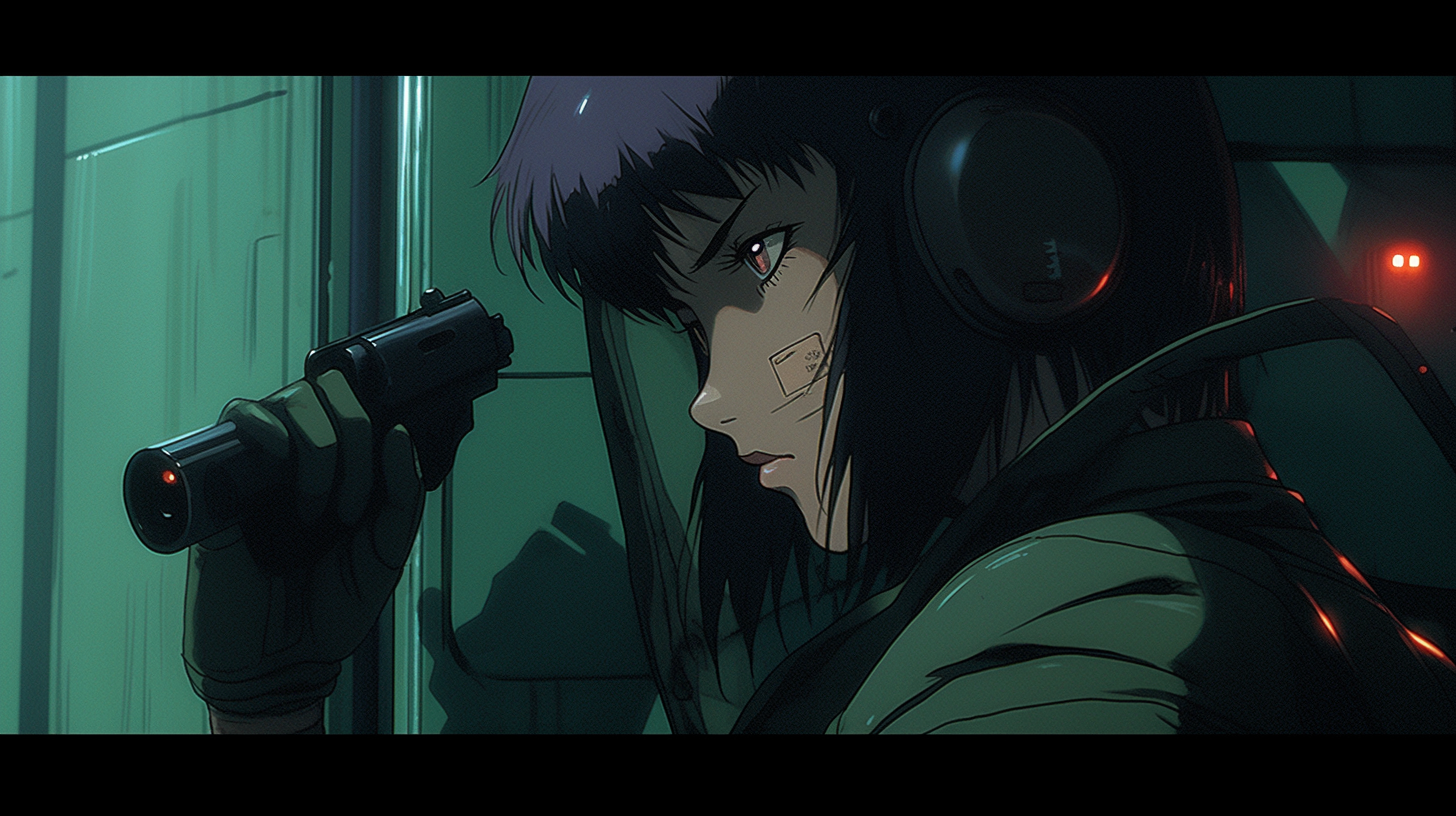 Makoto Kusanagi anime action scene in retro colors.