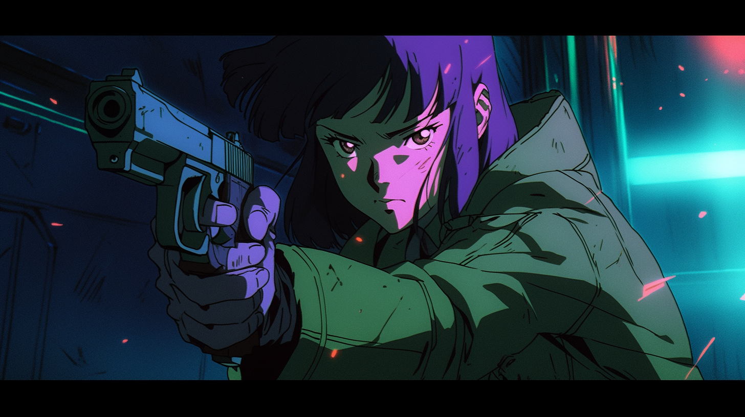 Makoto Kusanagi in intense anime action scene.