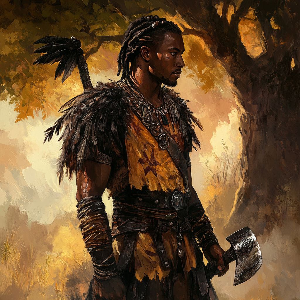 Malagasy warrior in tunic, holding warrior's hammer, eagle feathers.