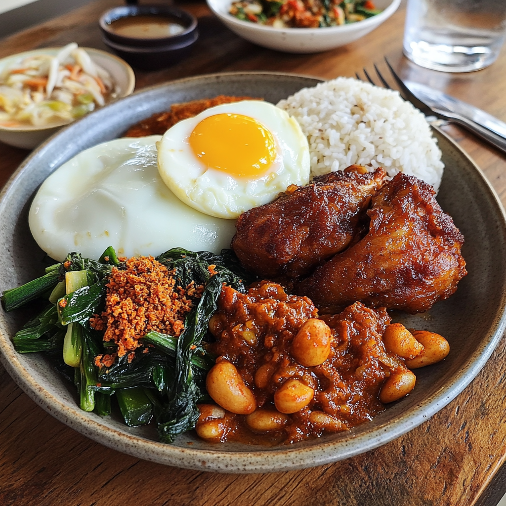 Malaysian dish with coconut rice, fried chicken, eggs, anchovies.