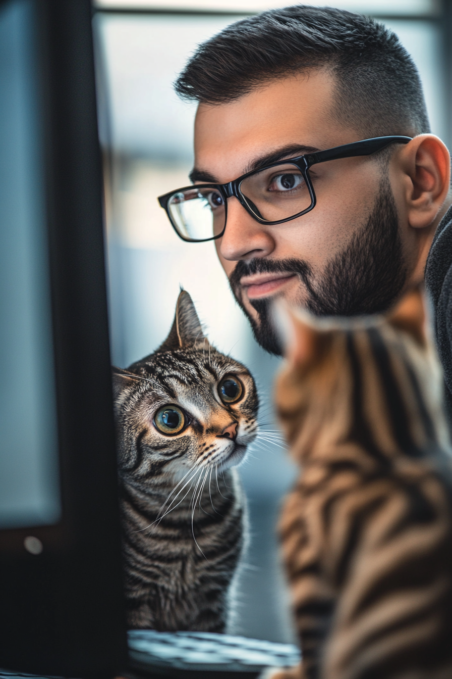 Male Arab sales manager in glasses on Zoom with cat.