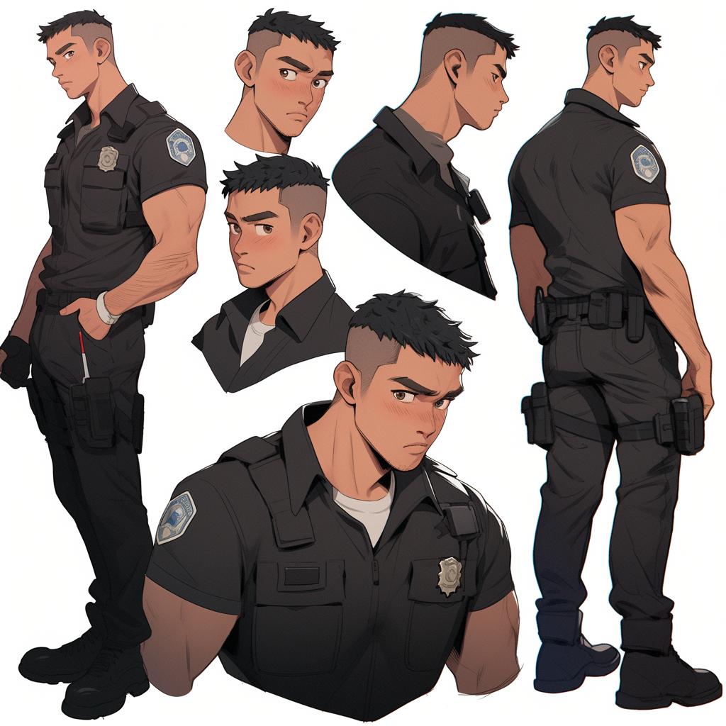 Male Cyberpunk Policeman Character Sheet with Multiple Dynamic Poses