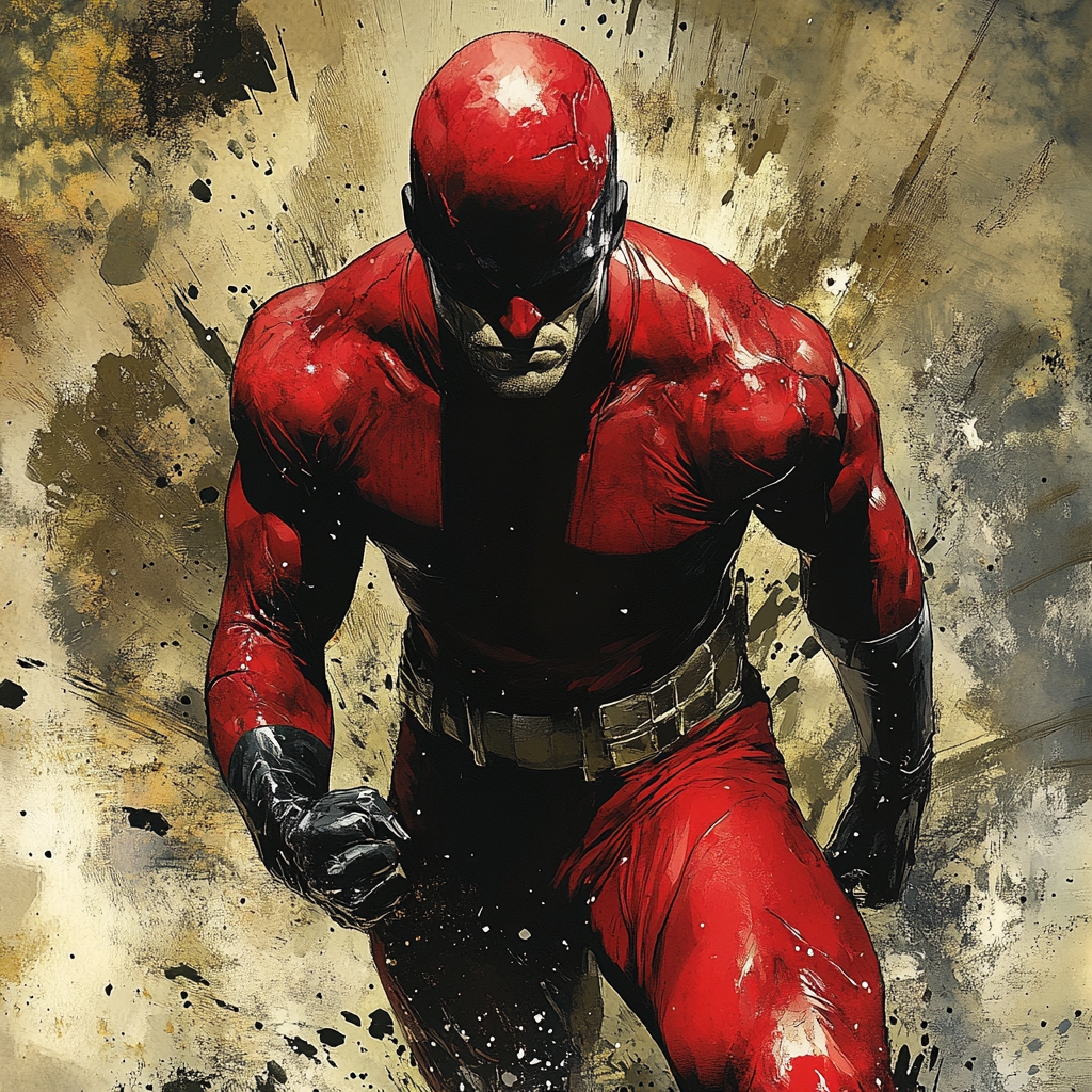 Male Superhero in Shiny Red Costume Dynamic Pose