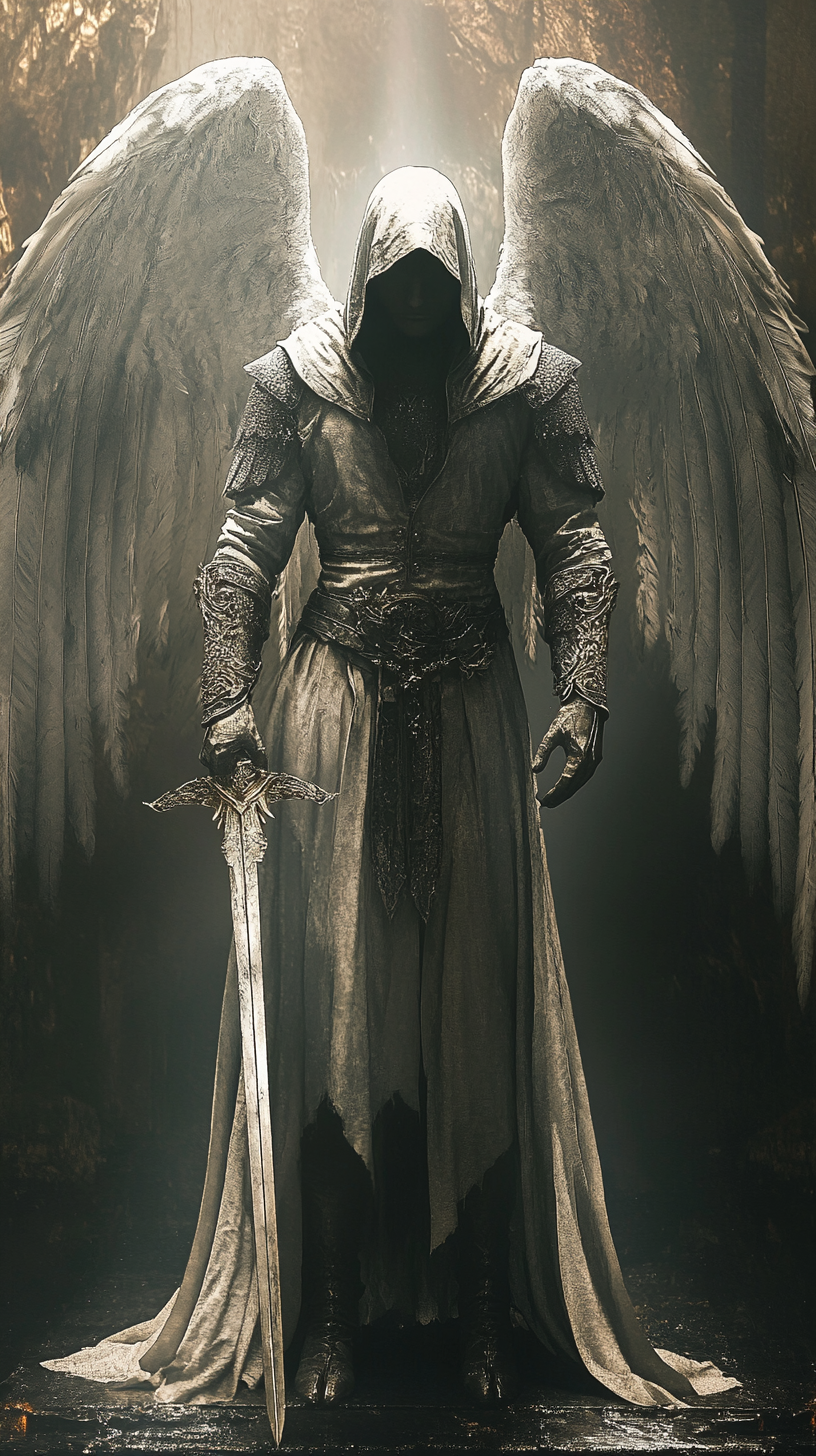 Male angel, hooded, holding sword, wings outstretched, levitating.