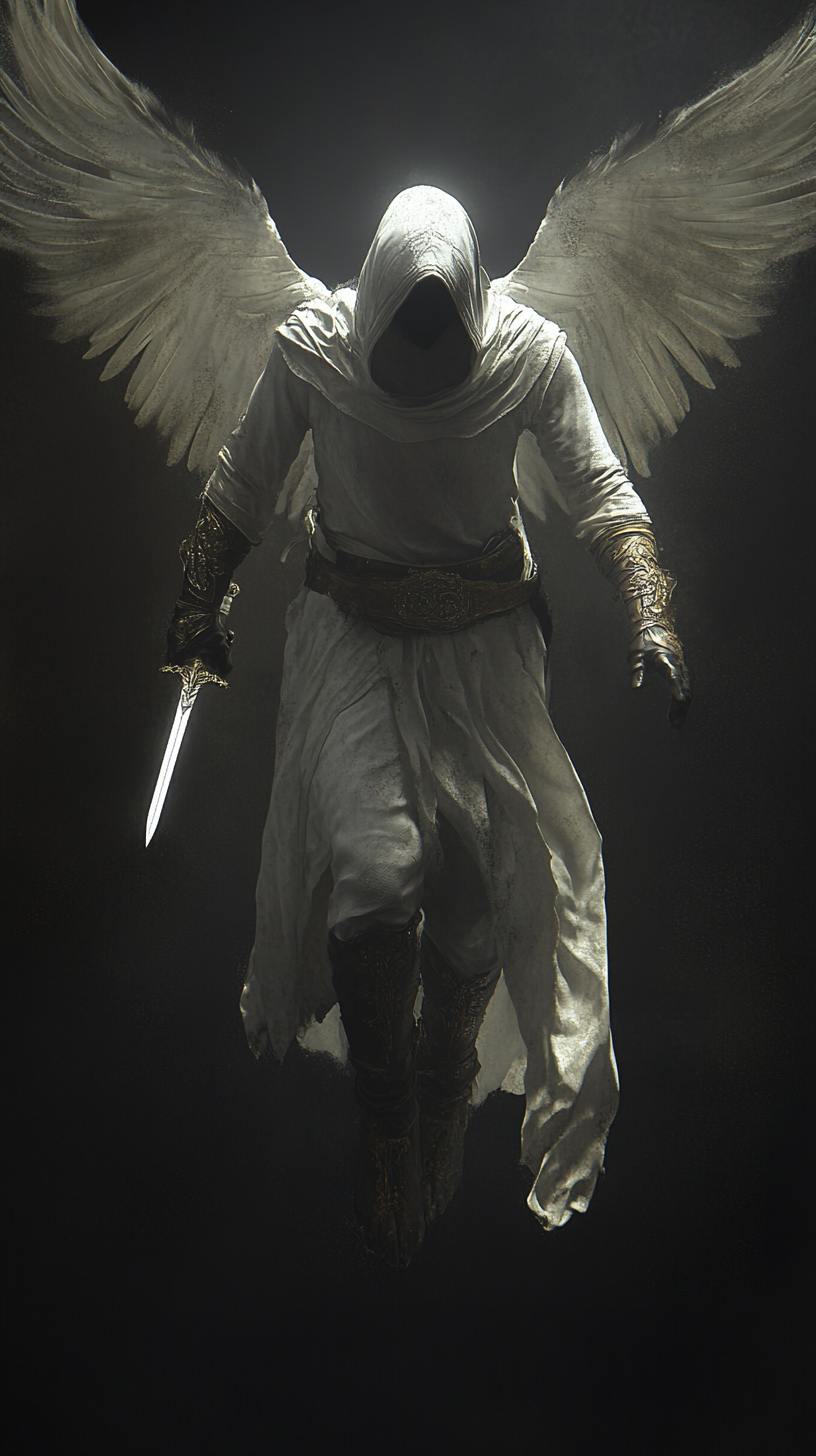 Male angel in hoodie holding sword, wings outstretched.