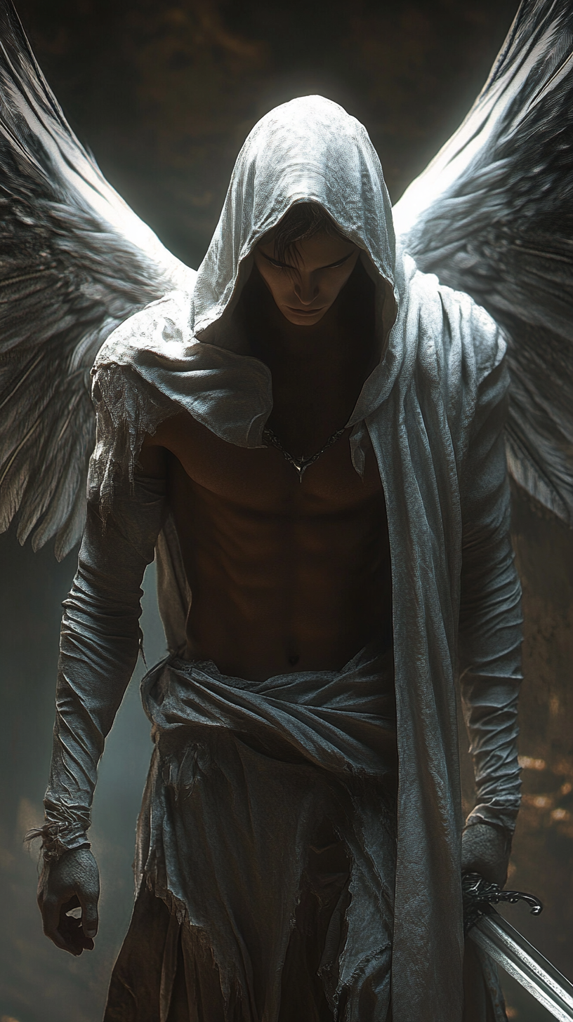 Male angel with hood, holding a sword, realistic view.