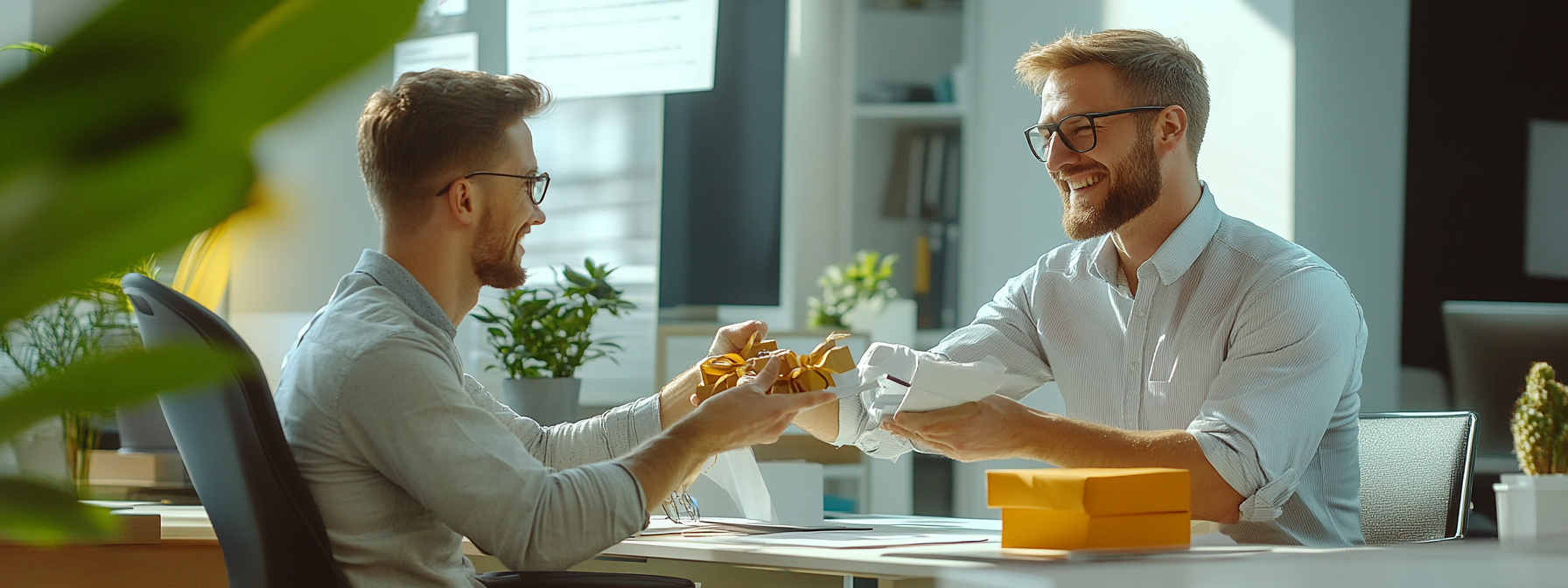 Male boss receives gift from male employee, both smiling