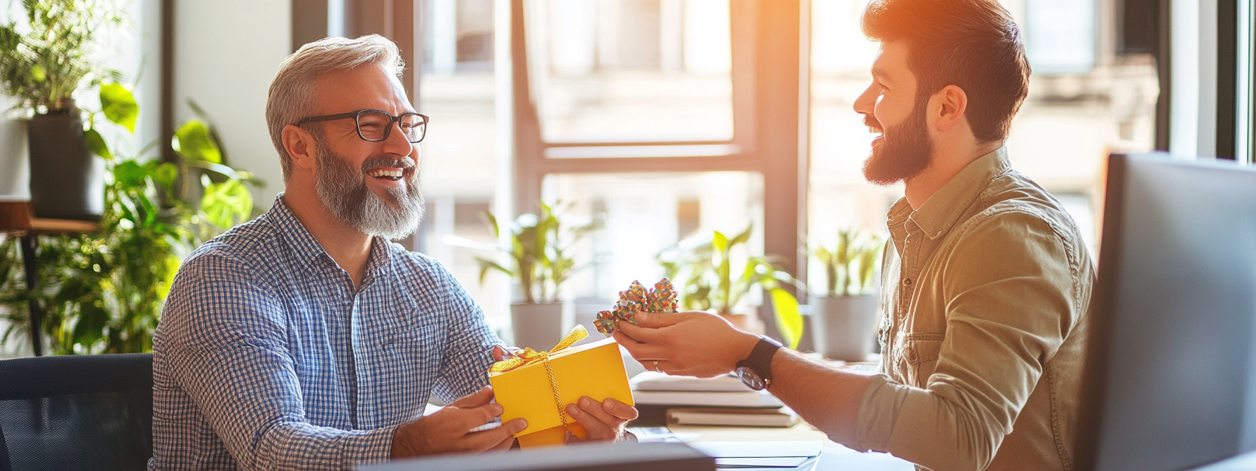 Male boss receiving gift from employee, both smiling happily.