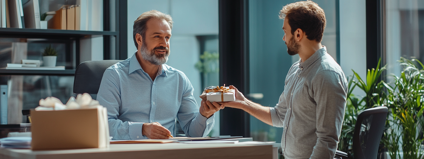 Male boss receiving gift from employee in office.