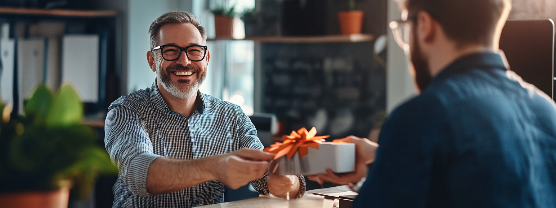 Male boss receiving happy gift from male employee.