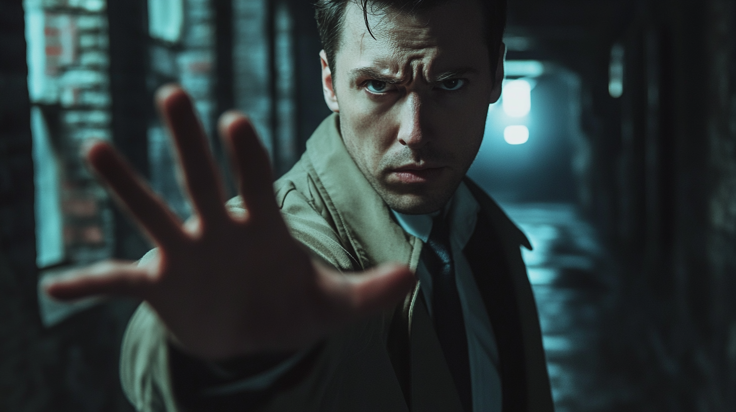 Male detective in detective clothes, dramatic atmosphere, film lighting.