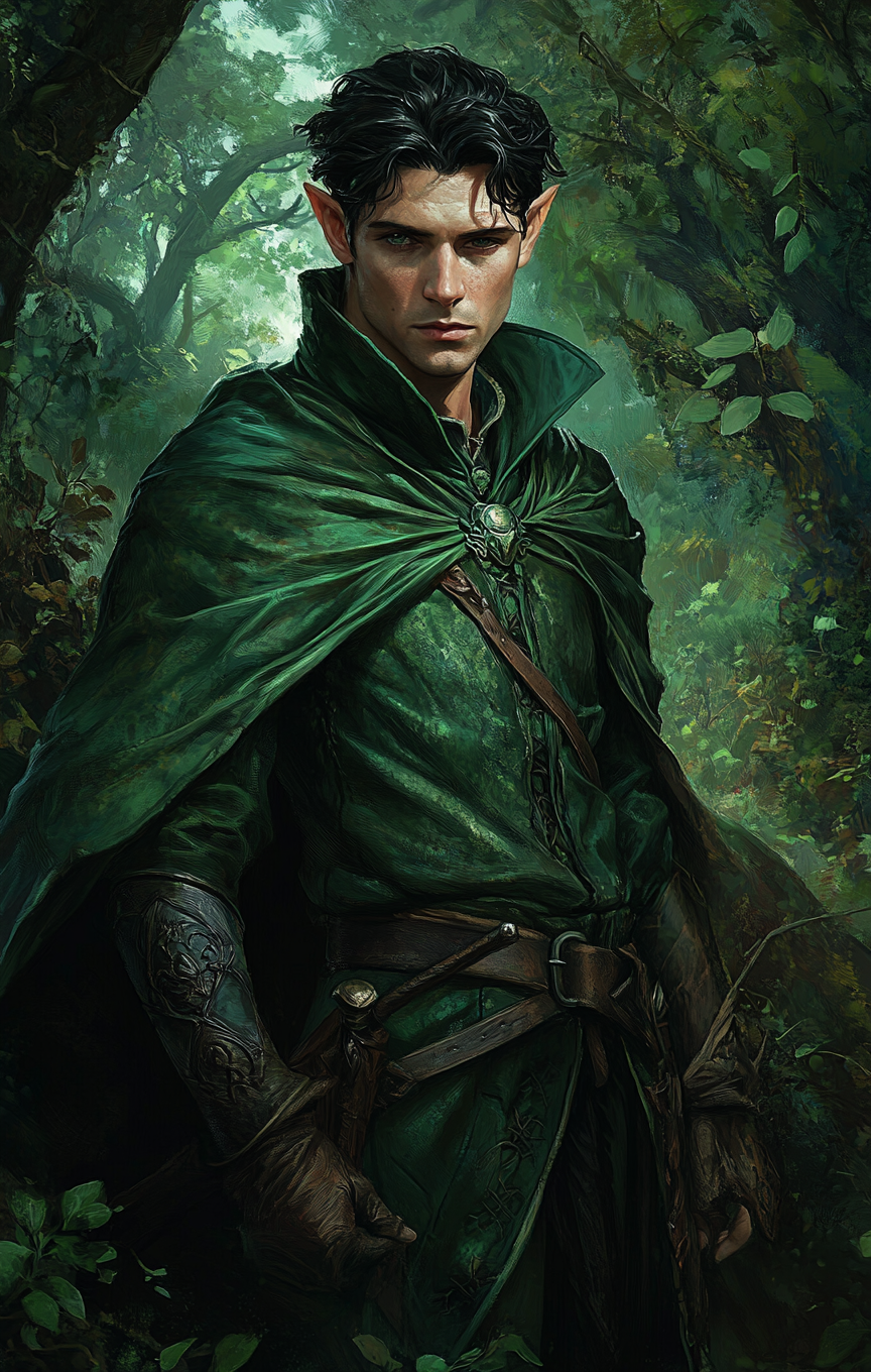 Male druid rogue in green tunic with forest background.