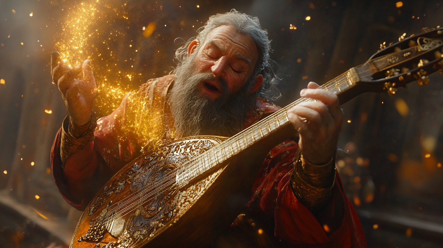 Male dwarf bard playing lute with magical radiance. Singing epic songs.