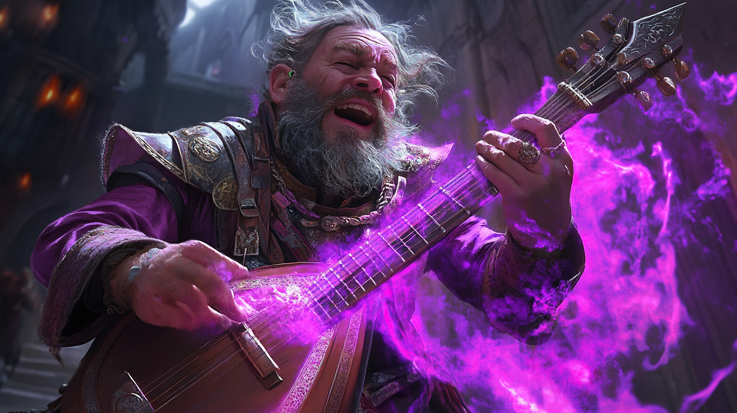 Male dwarf bard playing lute with purple magic. Singing intensely.