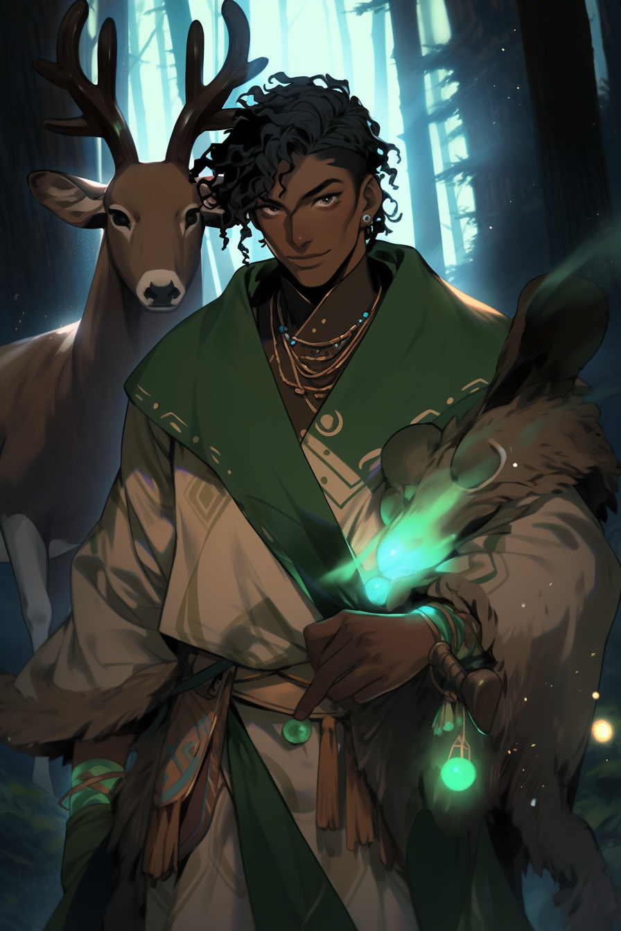 Male elf druid in forest with magical aura, cocky.