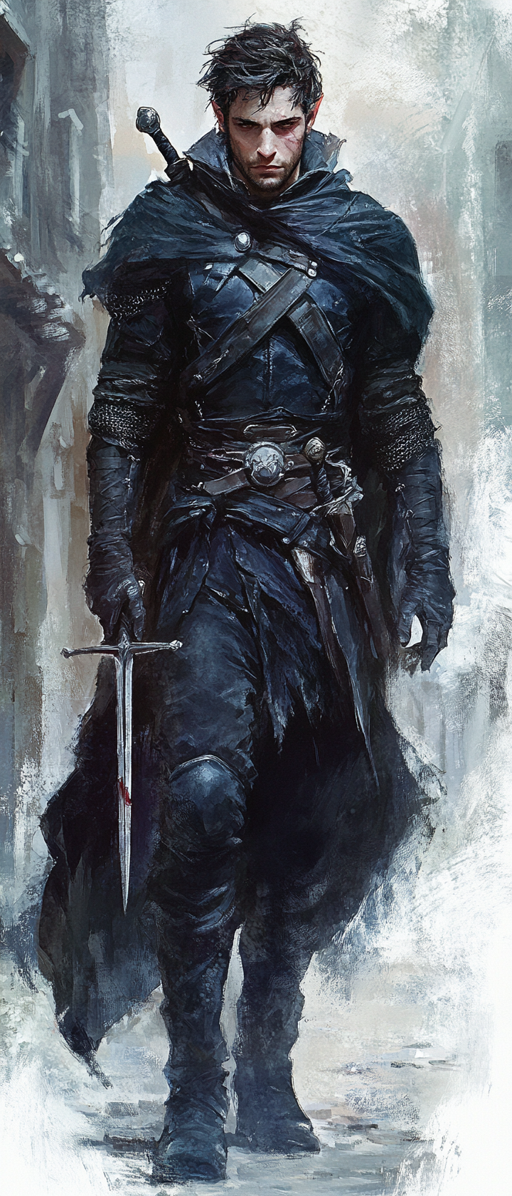 Male elf rogue in black armor with dagger.