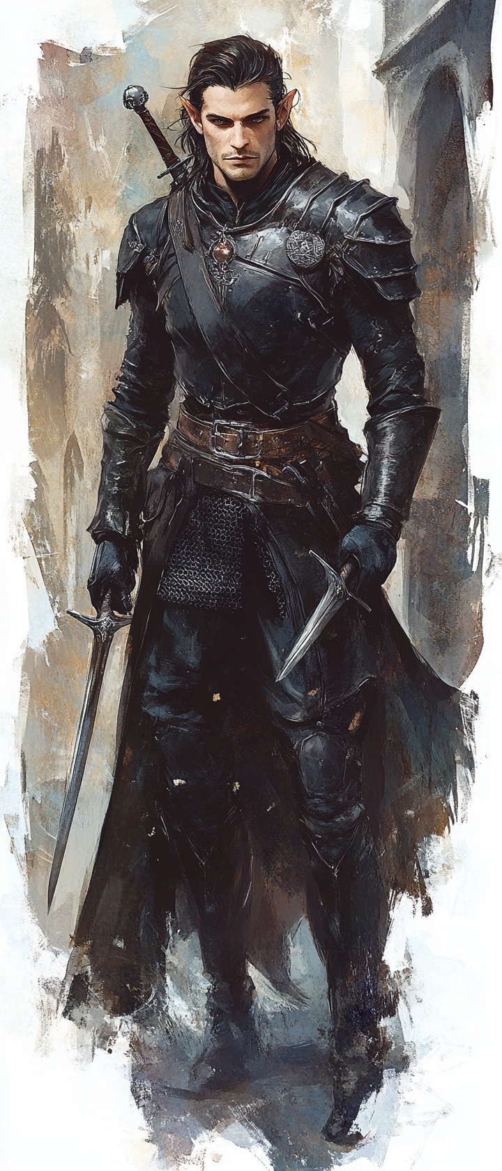 Male elf rogue in black armor with daggers.