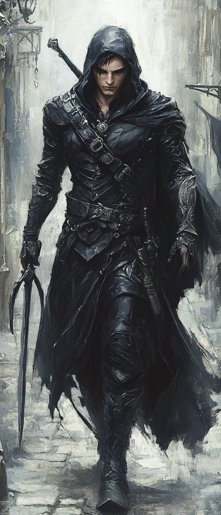 Male elf rogue in black leather armor with daggers.