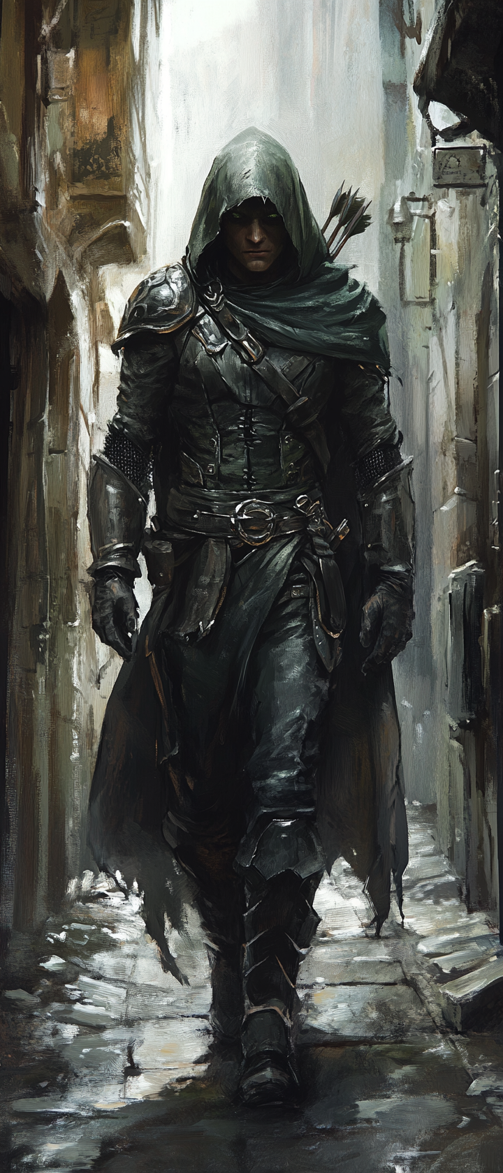 Male elf rogue in dark leather armor sneaking.