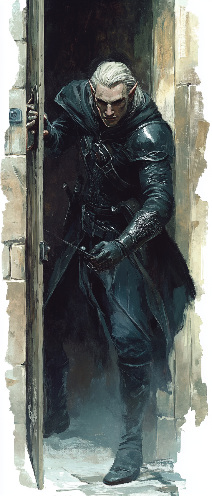 Male elf rogue picking a door lock in dark setting.