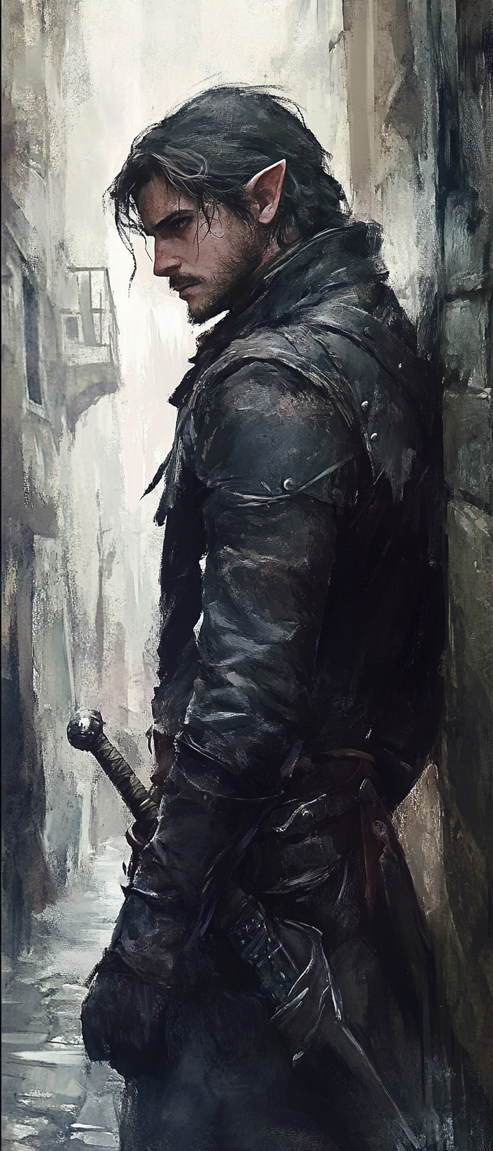 Male elf rogue with dagger in eerie setting.