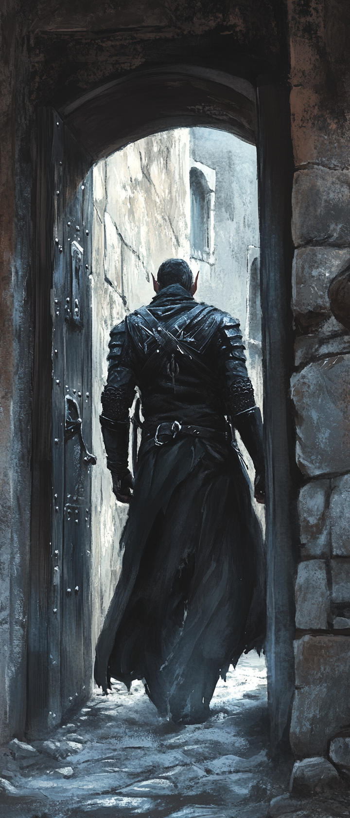 Male elf sneaks through dark alley in armor.