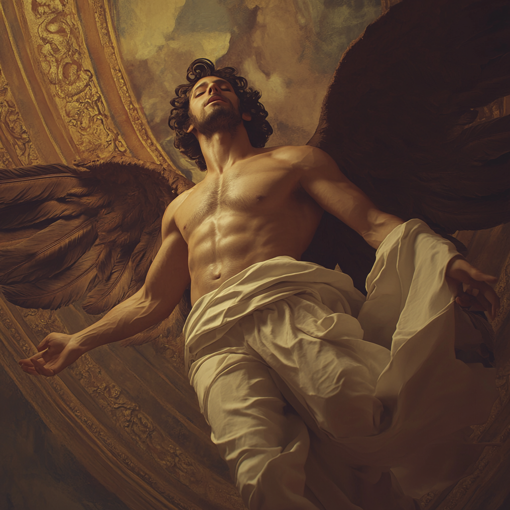 Male guardian angel flying, draped in flowing cloth, realistic.