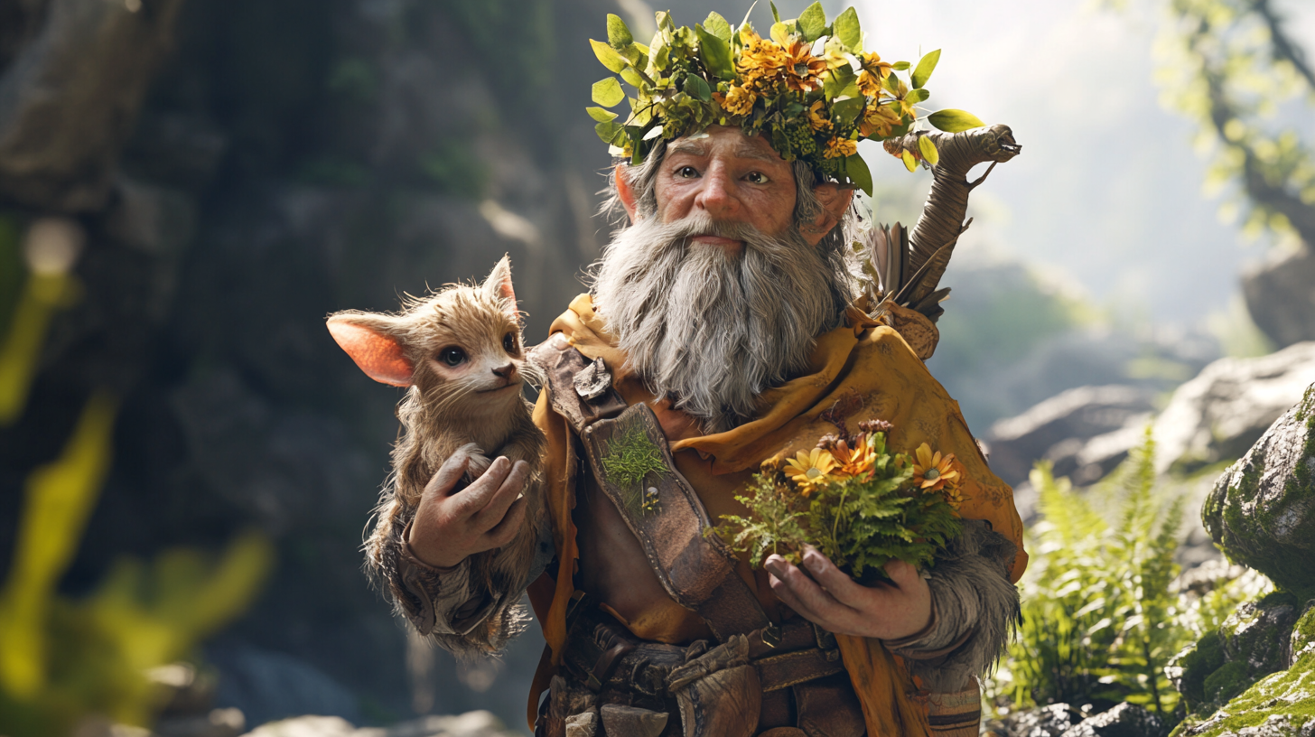 Male halfling Druid with animal companion in epic outdoor action shot.