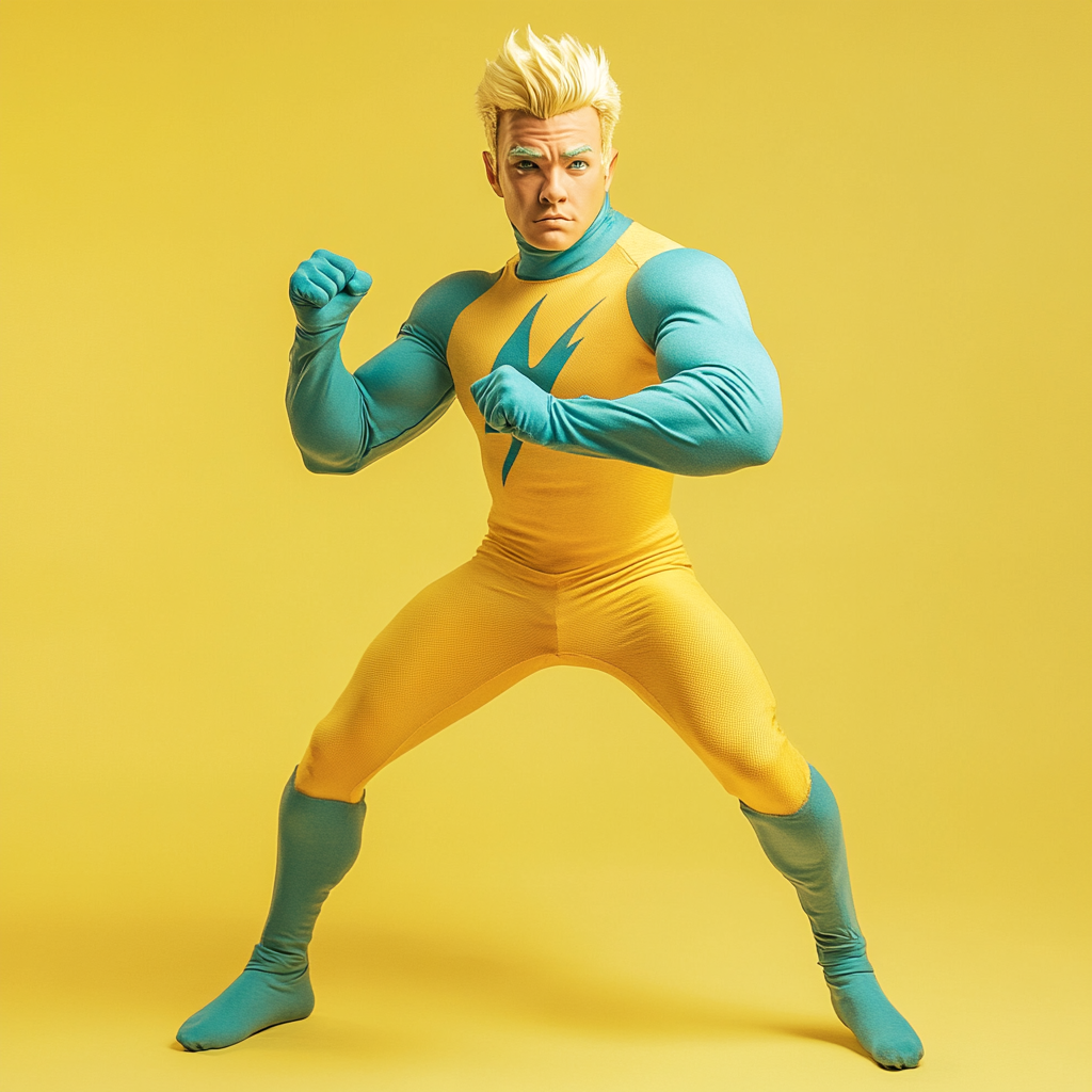 Male hero puppet with yellow and light blue costume.