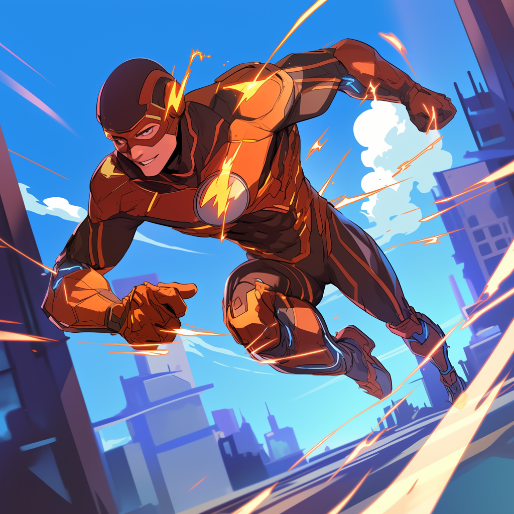 Male hero running in speedster costume, city backdrop art.