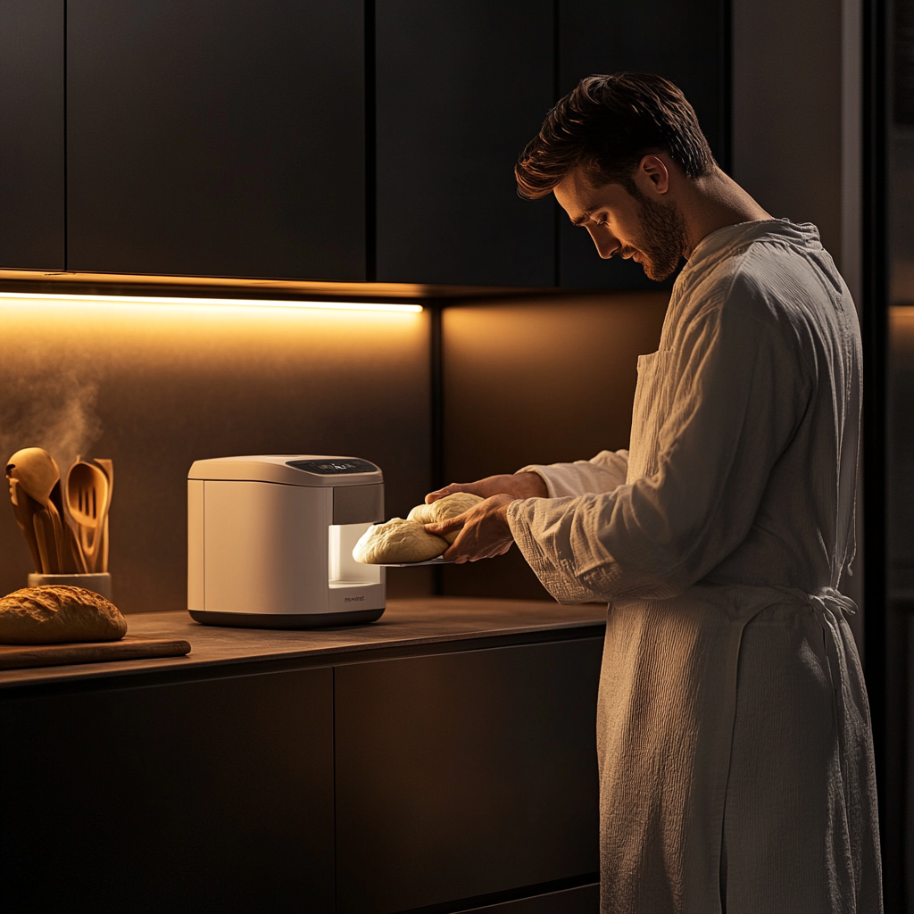 Male in kitchen, using futuristic bread machine.